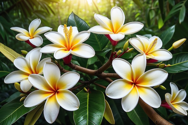 Witte en gele frangipani bloemen met bladeren op de achtergrond