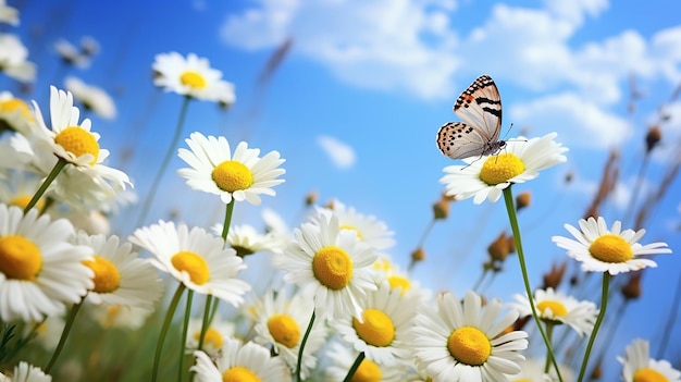 Witte en gele madeliefjes met blauwe korenbloemen