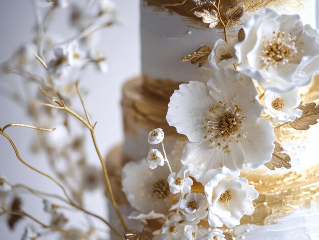 witte en gouden bruidstaart met decoratieve bloemen