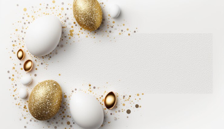 Foto witte en gouden feestelijke beschilderde paaseieren met gouden glitters op witte achtergrond