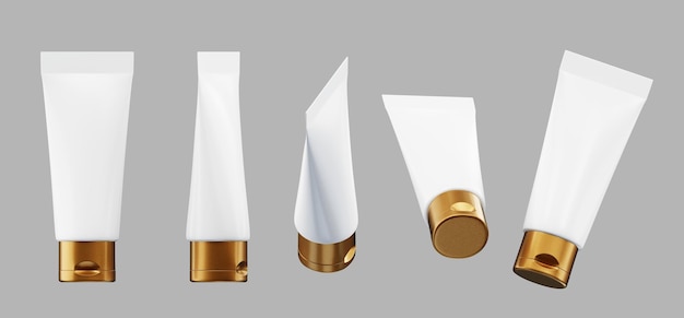 Witte en gouden handcrème buis geïsoleerd in verschillende poses 3D-rendering zonder AI gegenereerd