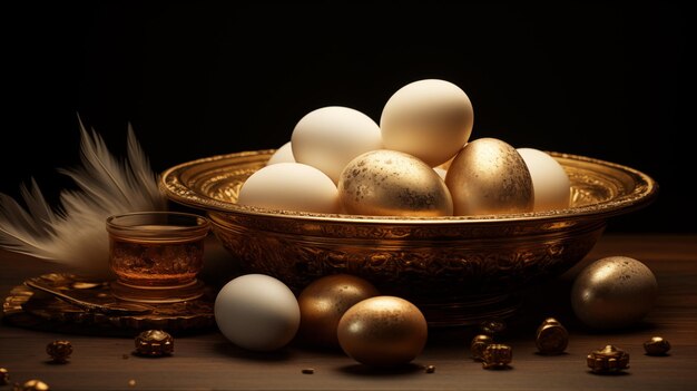 Witte en gouden paaseieren in een gouden schotel op een donkerbruine tafel