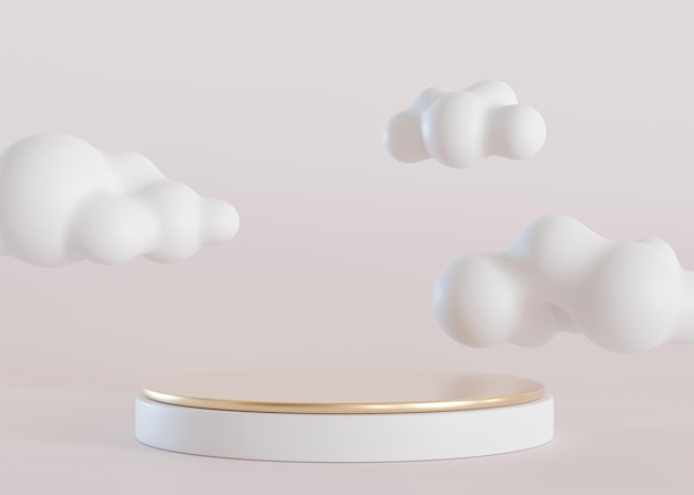 Witte en gouden podium met 3D-wolken op beige achtergrond Stage voor product cosmetische presentatie Luxe mock-up voetstuk platform voor schoonheidsproducten Leeg scène Display showcase 3D-rendering