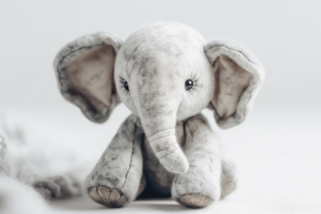 Witte en grijze olifant knuffeldier op witte achtergrond in de stijl van zachte en kalmerende texturen Generatieve AI