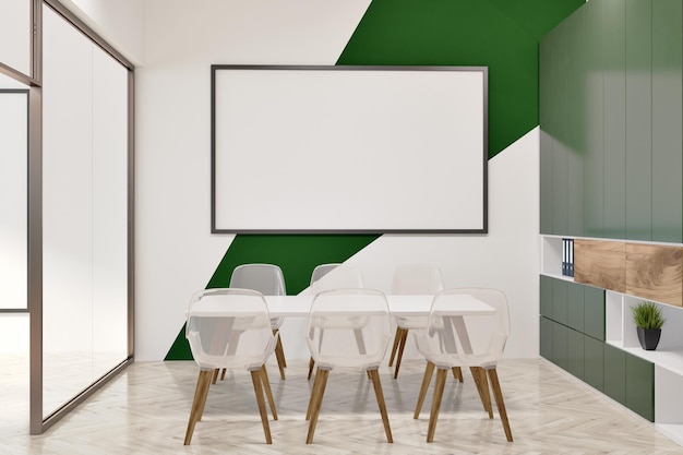 Witte en groene muur modern kantoor vergaderruimte interieur met een lange tafel, transparante stoelen en een whiteboard. 3D-rendering mock-up