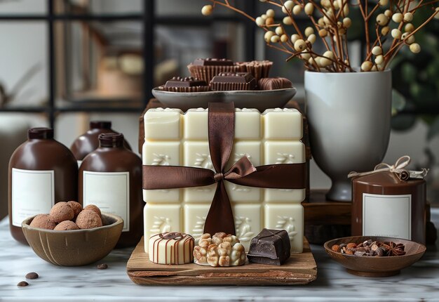 Witte en melkchocolade pralines en snoepjes op een houten tafel