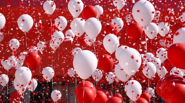 Witte en rode ballonnen op rode geïsoleerde achtergrond met confetti