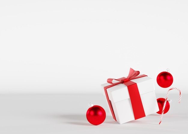 Witte en rode geschenkdoos en kerstversiering op witte achtergrond lege ruimte voor tekst Present Xmas lay-out met kopieerruimte Minimlist ontwerpsjabloon voor wenskaart 3D render