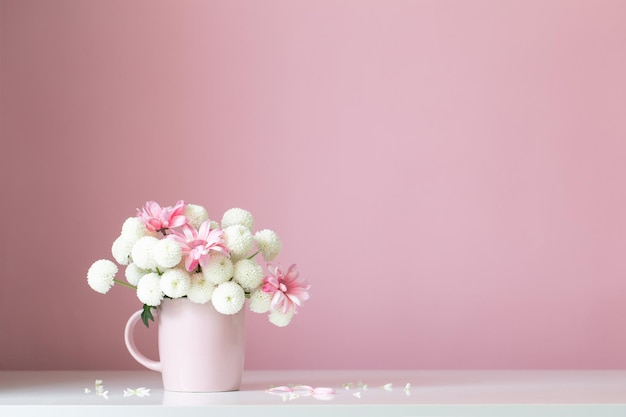 Witte en roze chrysanten in roze kopje op roze achtergrond