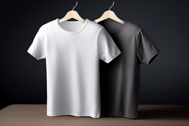 Witte en zwarte t-shirts op een hanger op een donkere achtergrond mockup