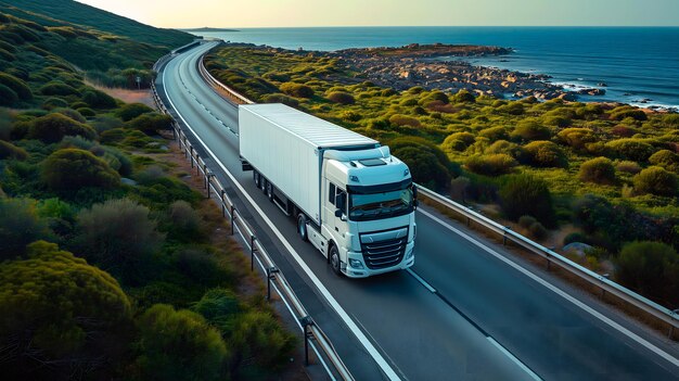 Witte Europese semi-truck wordt gezien vanuit de lucht op een snelweg ondersteund door vegetatie