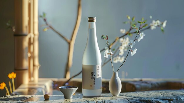 Witte fles sake op de tafel met kersenbloesems op de achtergrond Generatieve AI-illustratie