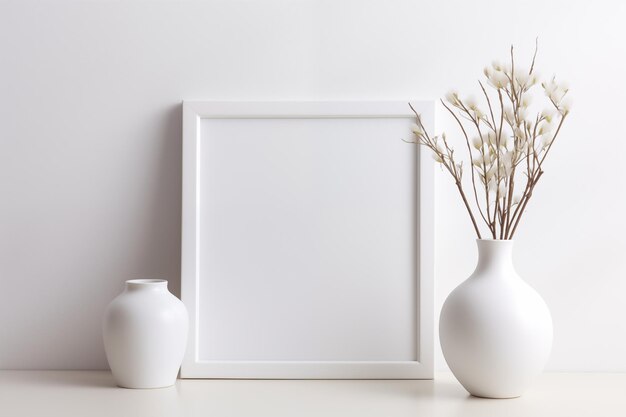 Foto witte frame mockup met een vaas met bloemen in het interieur foto of picture frame mock-up lichte muur