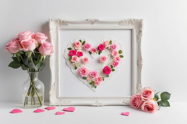 Witte frame mockup met interieur artikelen boeket van roze rozen in een vaas twee roze harten en kant op witte achtergrond