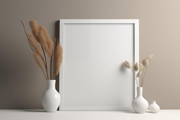 Foto witte frame mockup met pampas gras in een vaas foto of picture frame mock-up lichte muur