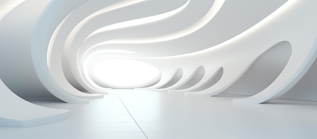Witte futuristische architectuur Helder verlichte grote luchtige hal galerie gang fantastische luchthaven terminal Ronde minimalistische vrije vorm organisch ontwerp Gelijke bochten van lijnen conceptueel gebouw