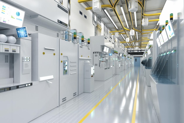 Witte futuristische halfgeleiderfabriek of laboratoriuminterieur met machine- en computerscherm