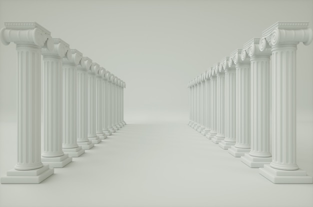 Witte gang met scherpe zuilen. 3d render achtergrond.