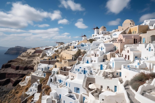 Witte gebouwen op een berg met blauwe deuren en ramen