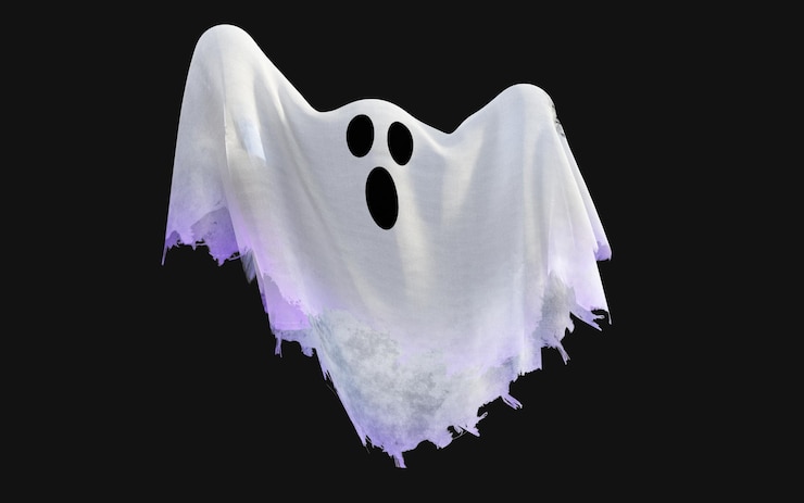 Foto witte geest op zwarte achtergrond met uitknippad. vakantieconcept met happy halloween