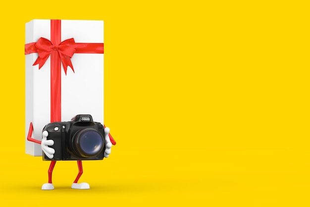 Foto witte geschenkdoos en rode lintkaraktermascotte met moderne digitale fotocamera op een gele achtergrond. 3d-rendering