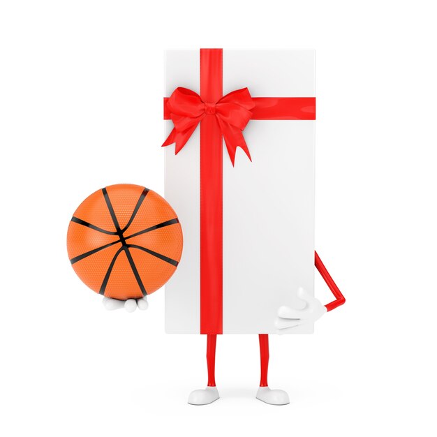 Witte geschenkdoos en rood lint karakter mascotte met basketbal bal op een witte achtergrond. 3D-rendering