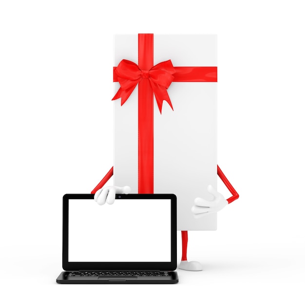 Witte geschenkdoos en rood lint karakter mascotte met moderne laptop computer notebook en leeg scherm voor uw ontwerp op een witte achtergrond. 3D-rendering