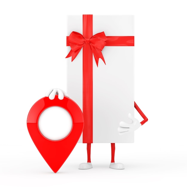 Witte geschenkdoos en rood lint karakter mascotte met rode kaart aanwijzer doel pin op een witte achtergrond. 3D-rendering