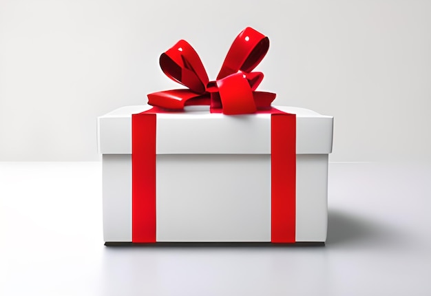 Witte geschenkdoos met een rood lint en een strik Photo AI gegenereerd