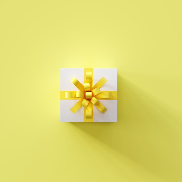 Witte geschenkdoos met geel lint op gele kleur. Kerst idee. 3D-weergave.