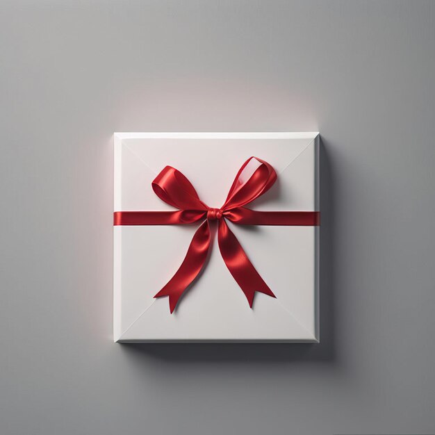 Witte geschenkdoos met rode strik op grijze achtergrond
