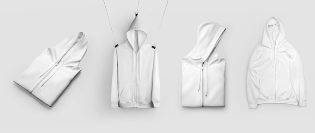 witte gevouwen hoodie hangend aan een touw trendy gekreukt sweatshirt met zak ritssluiting