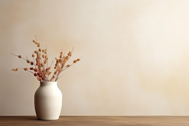 Witte gipsen moderne vaas met droge bloemen op een houten podium op een beige tafel Kopieerruimte Vooraanzicht