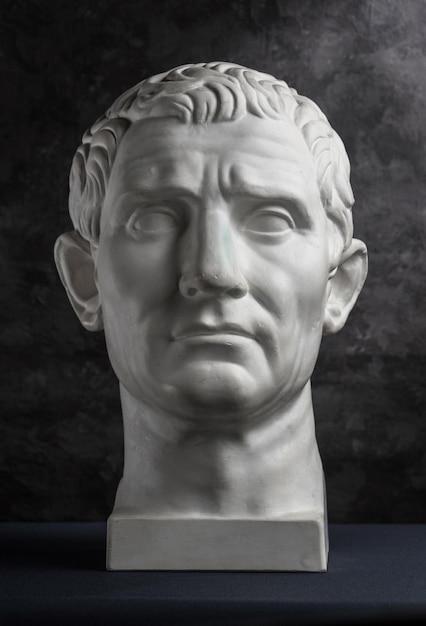 Witte gipskopie van oud standbeeld van Guy Julius Caesar Octavian Augustus hoofd voor kunstenaars op een donkere gestructureerde achtergrond. Gipsen sculptuur van het gezicht van de mens.