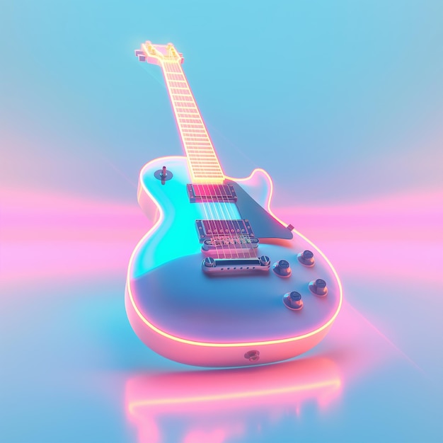 witte gitaar 3D in helder neonlicht op een blauw en roze