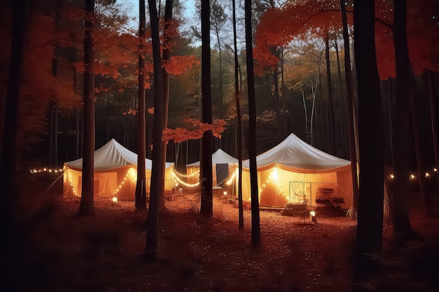 Witte glamping in het herfstbos AI