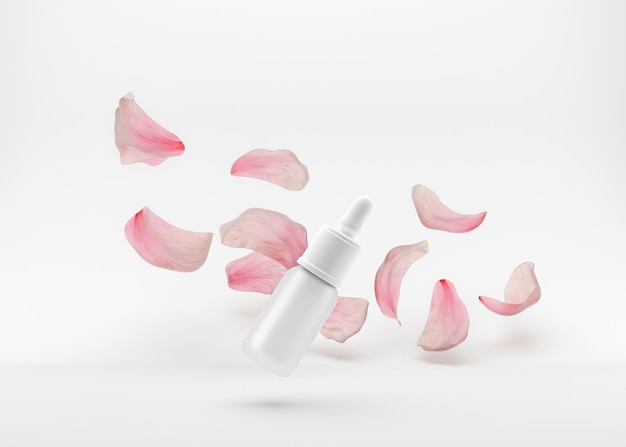 Witte glazen fles cosmetische vloeistof op de witte achtergrond. Gel met bloemblaadjes die in de lucht vliegen. Druppelflesje, hyaluronzuur, olie, serum, huidverzorgingsproduct. 3D-weergave.