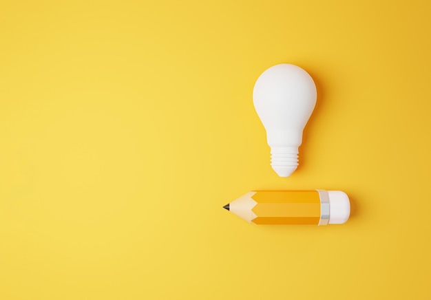Witte gloeilamp met geel potlood voor creatief denkend idee en innovatieconcept door 3d render
