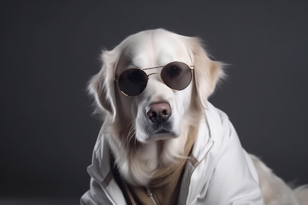 Witte golden retriever poseren in studio met straatkleren en een bril van een muzikale artiest-look