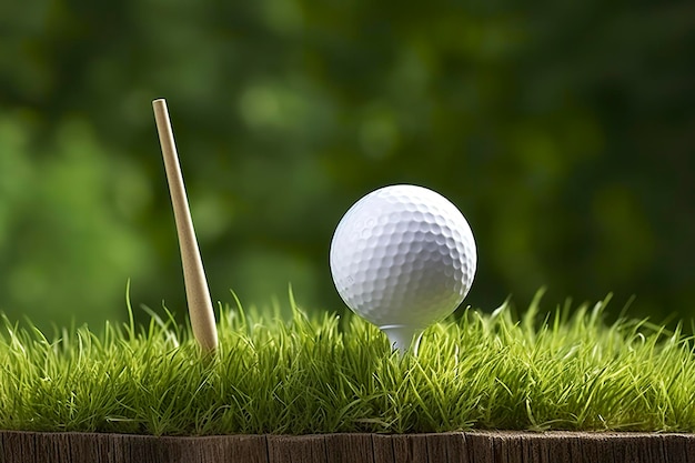 Witte golfbal op houten T-stuk met gras