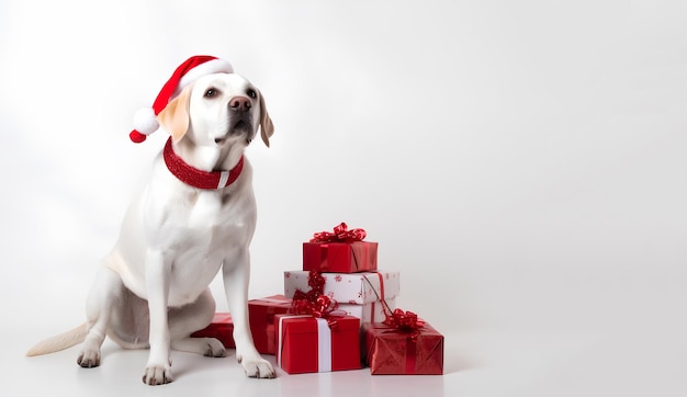 Witte gouden retriever hond in de kerstman kerst rode hoed zitten in de buurt van de geschenk dozen op wit