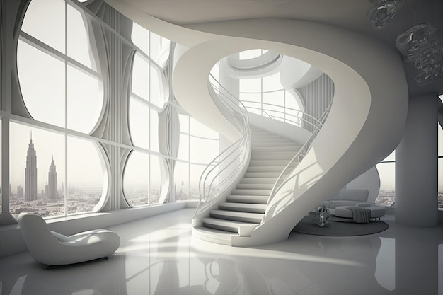 Witte hal met futuristische zwevende trap en prachtig uitzicht over de stad