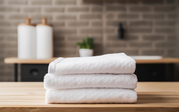 Witte handdoekstapel op houten tafel in badkamer met ruimte