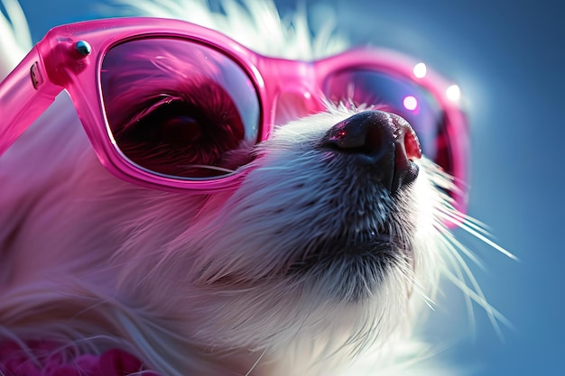 Witte hond in roze bril op blauwe achtergrond