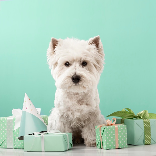 Witte hond West Highland White Terriër viert feest met geschenken