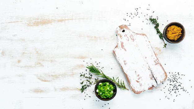 Witte houten achtergrond van koken Bovenaanzicht Vrije ruimte voor uw tekst