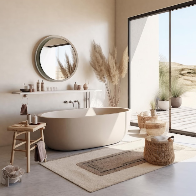 Witte houten badkuip met water op een vloer in een badkamer met panoramisch raam Generative Ai