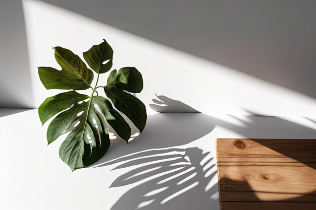 Witte houten tafel met huisplant en bladschaduw op de muur
