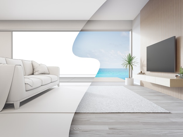 Witte huis interieur 3D-rendering met uitzicht op zee