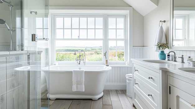 Witte huisje badkamer decor interieurontwerp en huis decor badkuip en badkamer meubels Engels kust landhuis